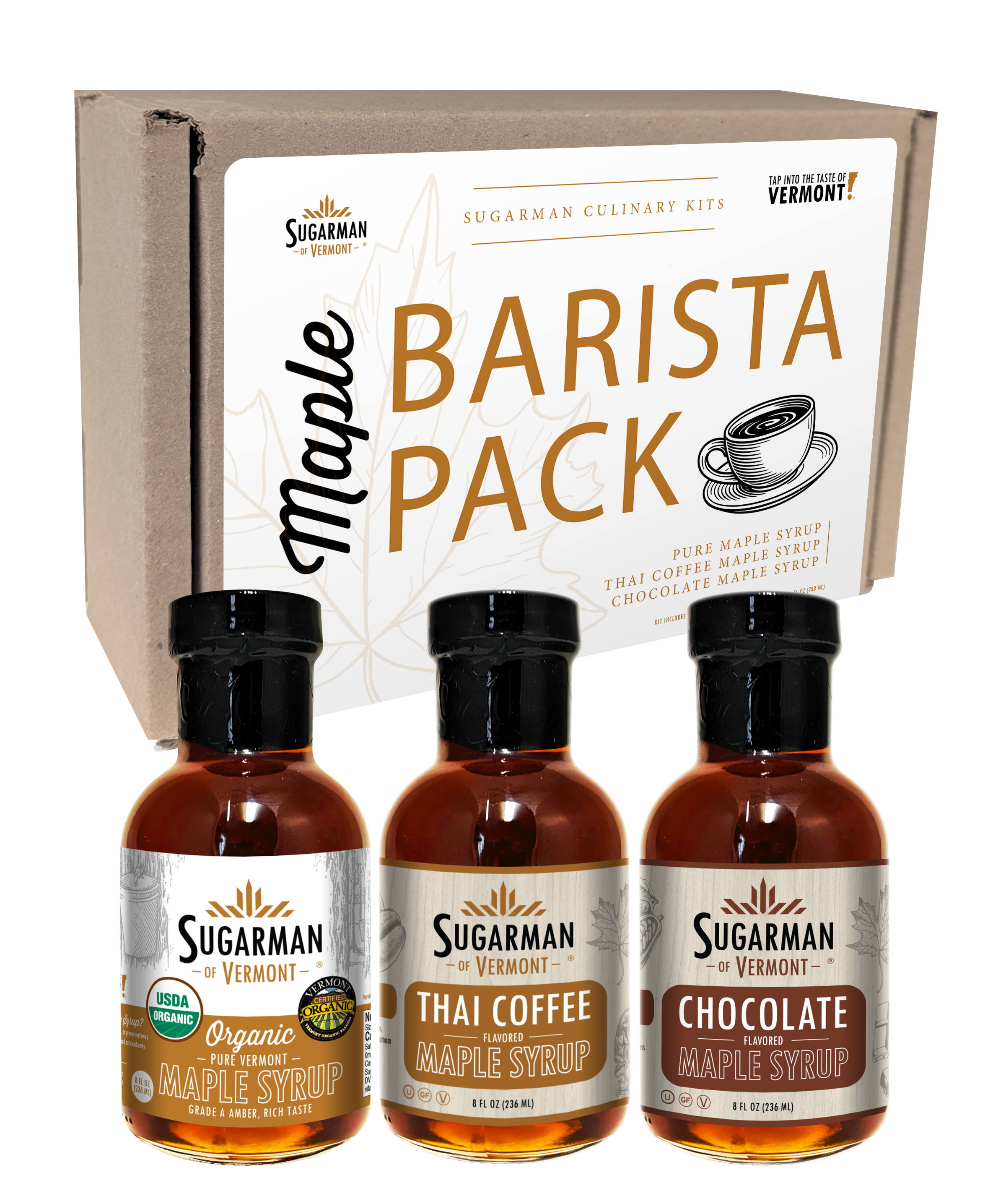 Maple Barista Pack featuring pure, Thai coffee, and chocolate-flavored maple syrups.
